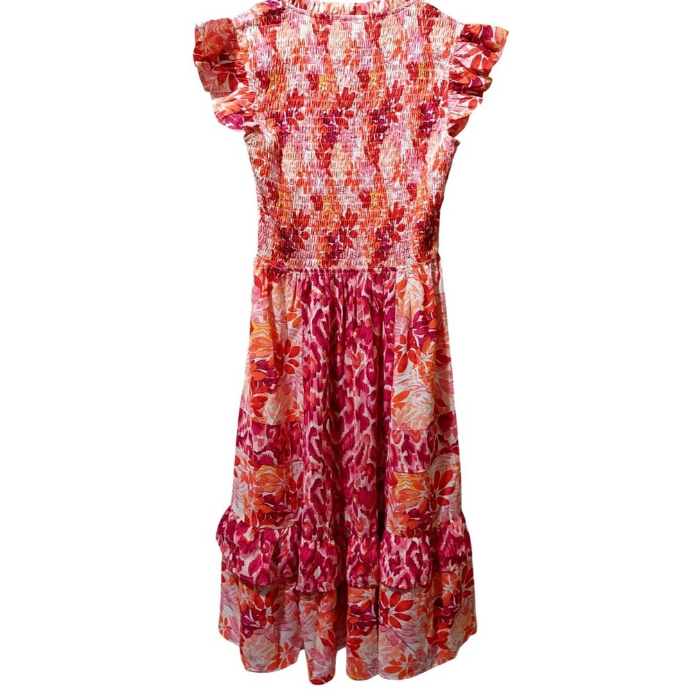 NWT Voy Pink/Orange Floral Smocked Midi Dress With Ruffled Sleeves~SMALL - Picture 9 of 9